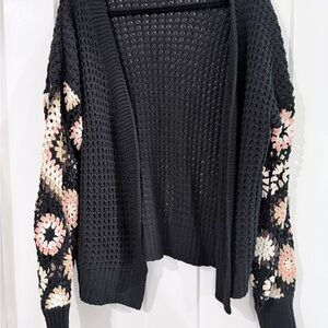 Black Crochet Open-Front Sweater